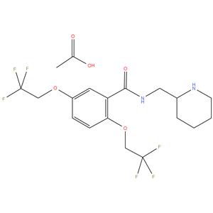 Flecainide acetate
N-(piperidin-2-ylmethyl)-2,5-bis(2,2,2- trifluoroethoxy)benzamide acetate