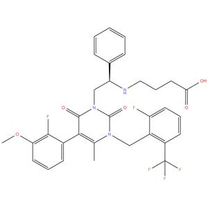 Elagolix sodium
4-[[(1R)-2-[5-(2-Fluoro-3-methoxyphenyl)-3-[[2-fluoro-6- (trifluoromethyl)phenyl]methyl]-3,6-dihydro-4-methyl-2,6- dioxo-1(2H)-pyrimidinyl]-1-phenylethyl]amino]butanoic acid